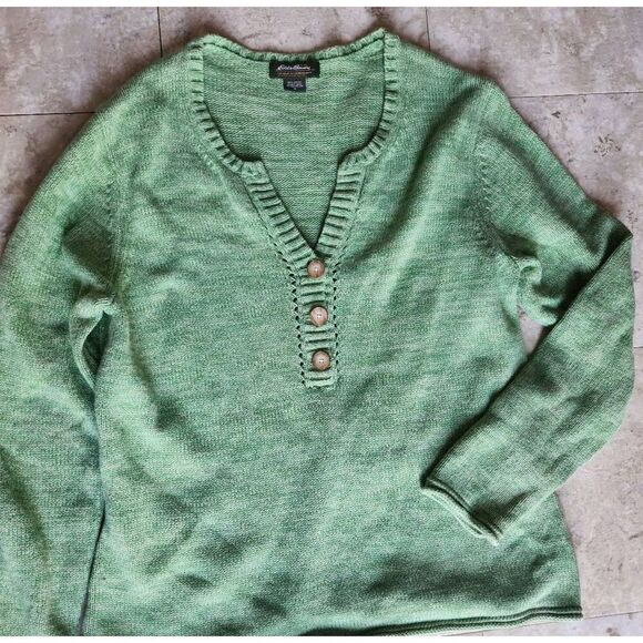 S38 Eddie Bauer Heather Green 1/2 button V-neck sweater long sleeve Size XL - Picture 1 of 9